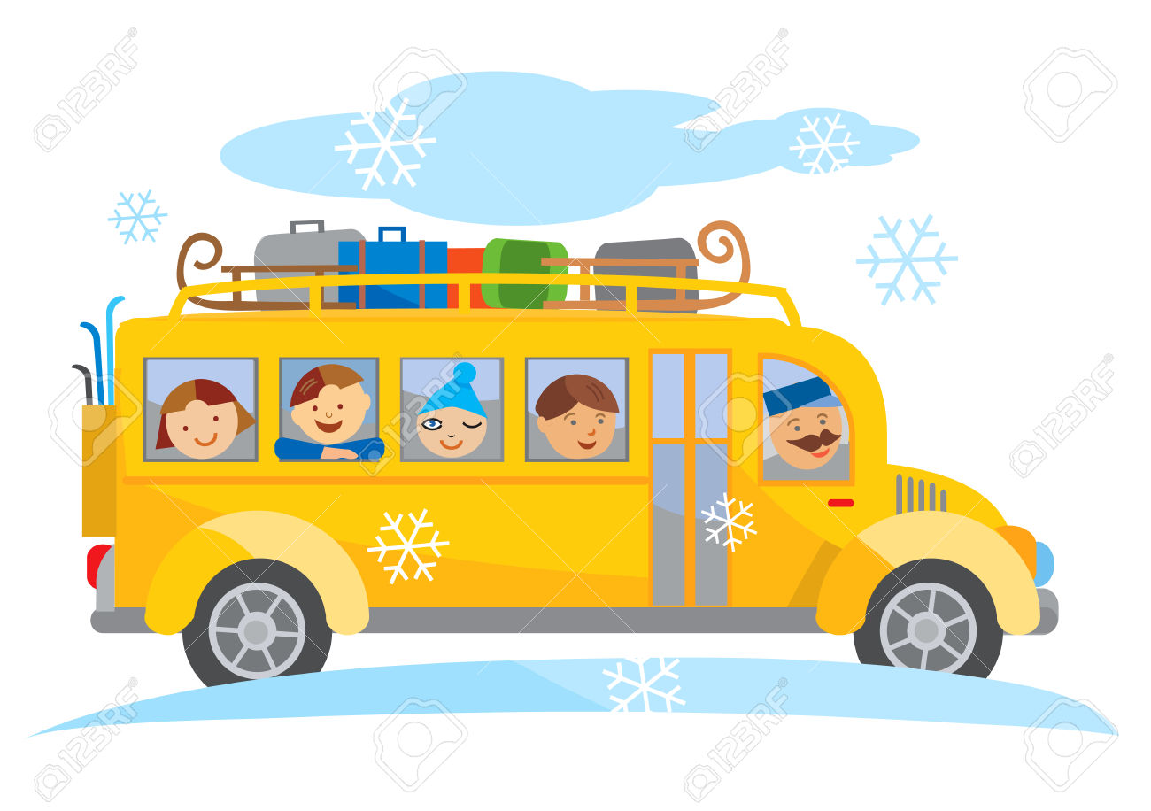 51219774 Winter School bus gita scolastica dei cartoni animati Fumetto di scuolabus giallo viaggia su una git Archivio Fotografico